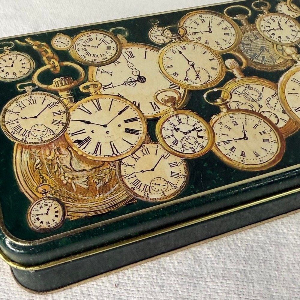 Vintage Tin Gold Pocket Watch Green Trinket Tray Organizer